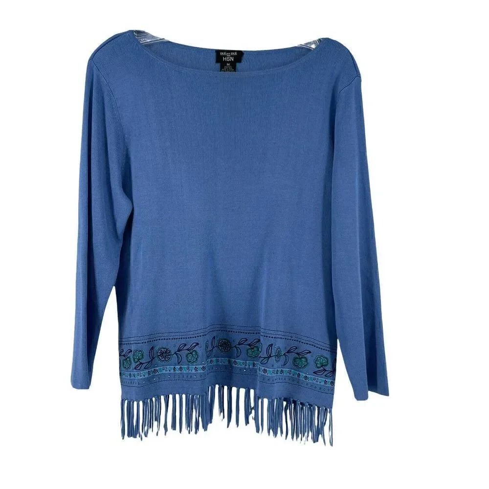 Due Per Due HSN Top Blue Silk Fringe Size M Knit Boat Neck Floral Embroidered